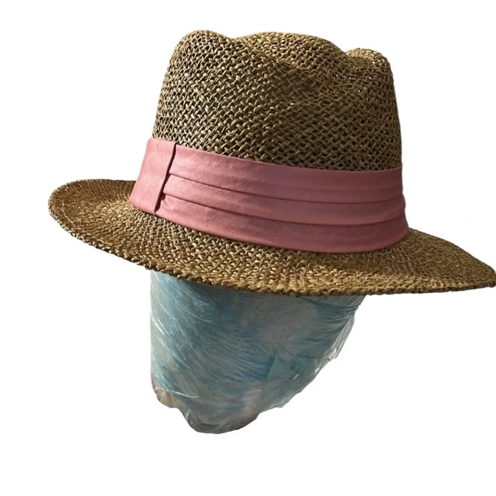 Liz Claiborne tan straw fedora hat with pink ribbon , perfect for  summer